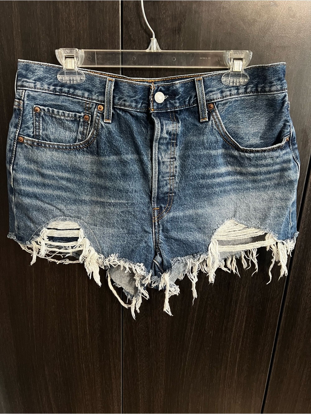 Levi's Distressed Frayed Hem Denim Shorts - Medium Blue